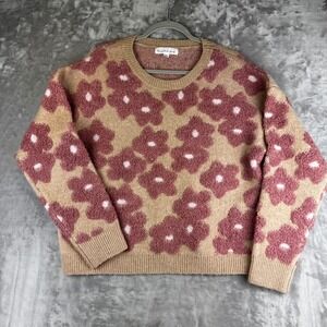 Threaded Leaf Sweater Womens Large Tan Pink Floral‎ Crewneck Knit Y8649 (1547)